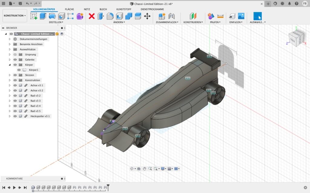 Fertig konstruierter Rennwagen in der CAD-Software